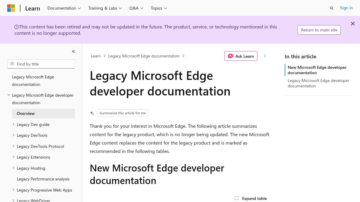 Legacy Microsoft Edge developer documentation